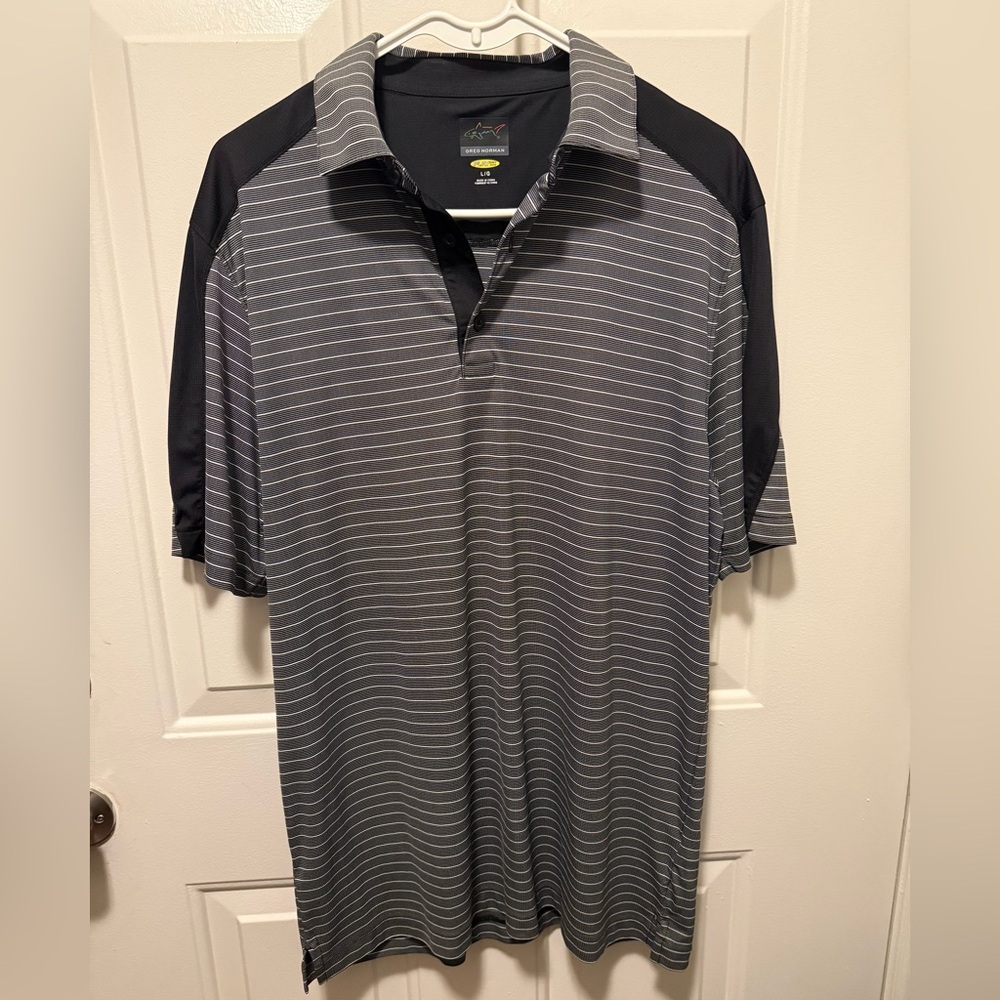 Men's Greg Norman Gray Striped Polo Shirt - Performance Short Sleeve